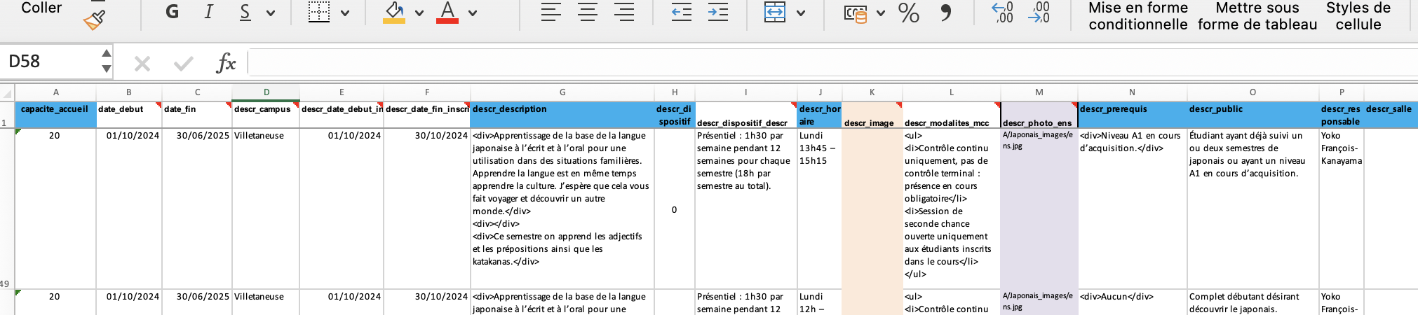 Exemple fichier import formations