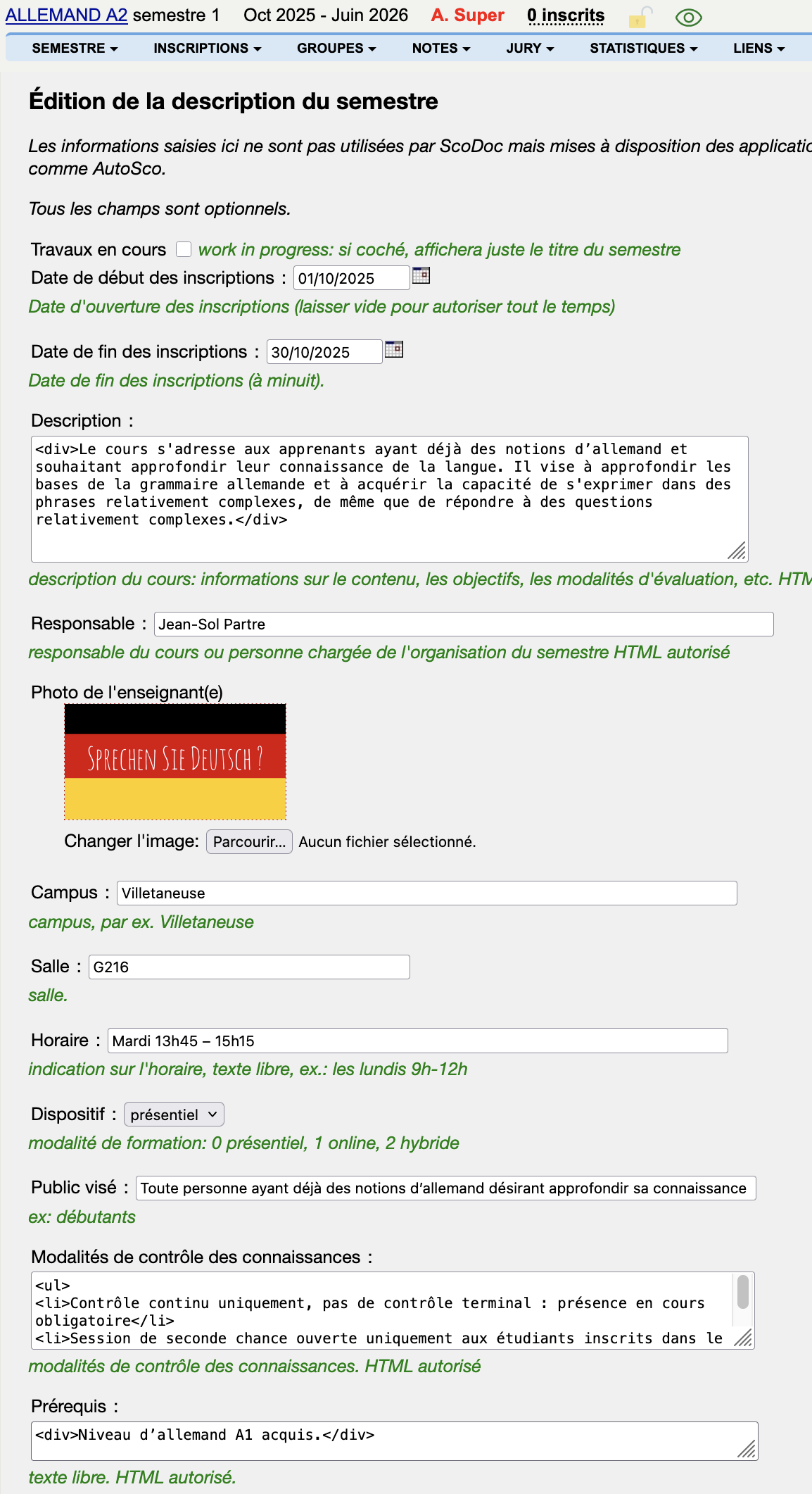 Formulaire de saisie de la description