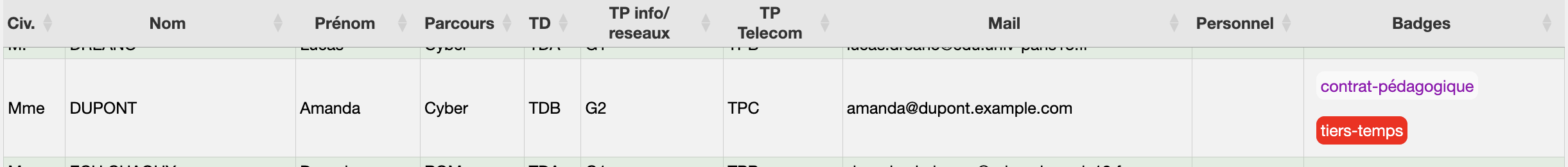 Table avec colonne badges