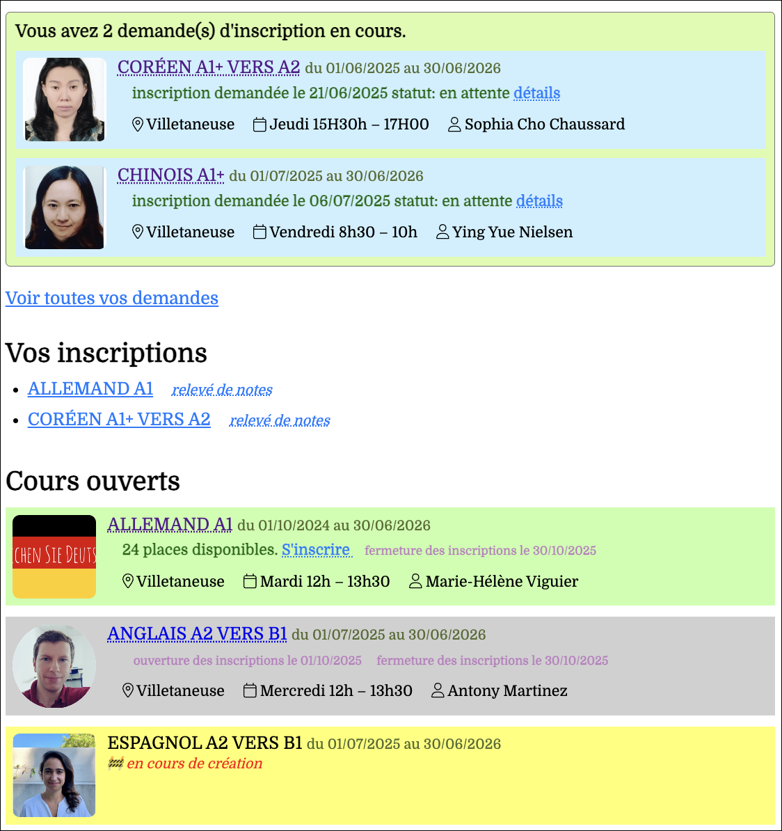 Page accueil avec liste des inscriptions