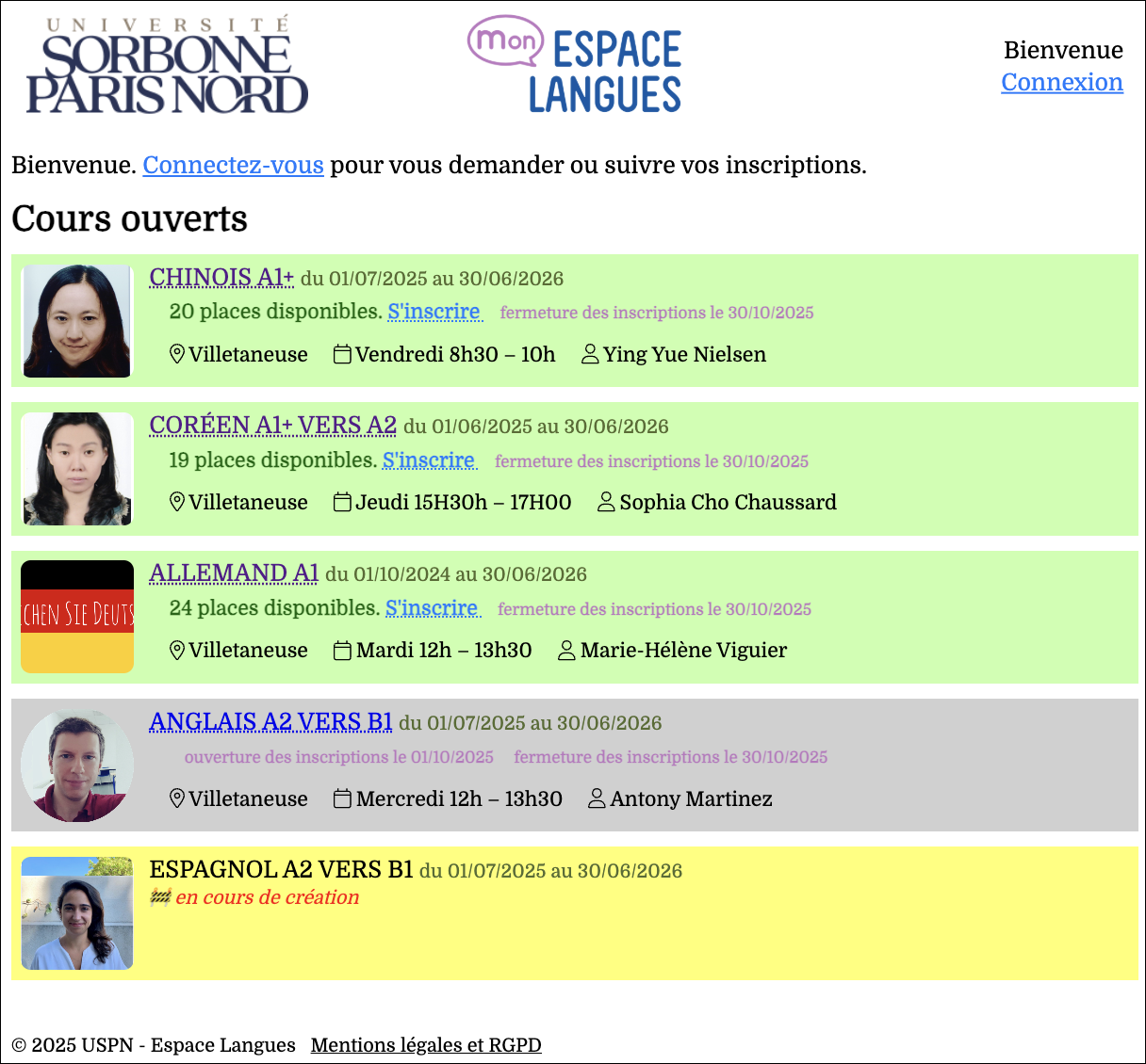 Page accueil avec liste des cours