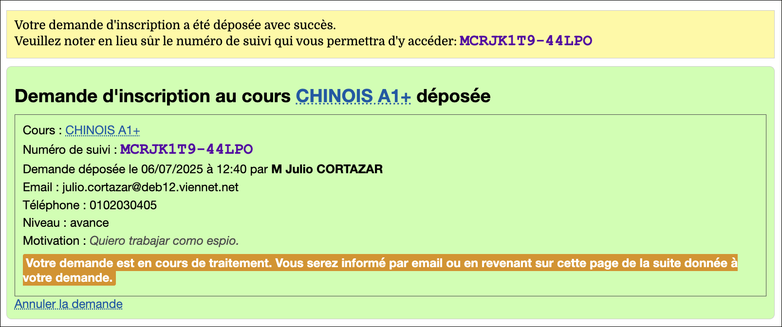Page de confirmation du dépôt